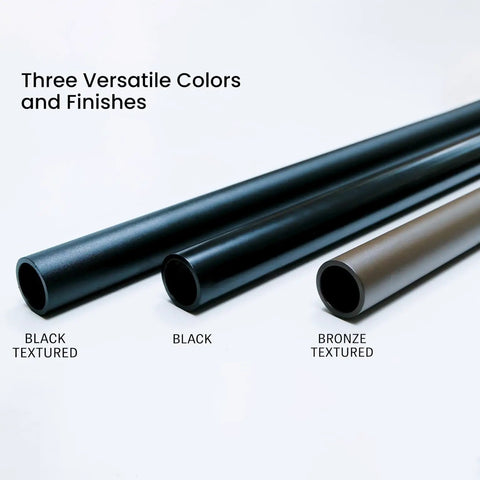 Solid Black Aluminum Stair Handrail DIY Kit With ADA Compliant Wall Returns No Sweat Installation Powder Coated For Indoor Outdoor Walkways Slick Five Foot Grip Bar showing three finished aluminum tubes in textured black and bronze.