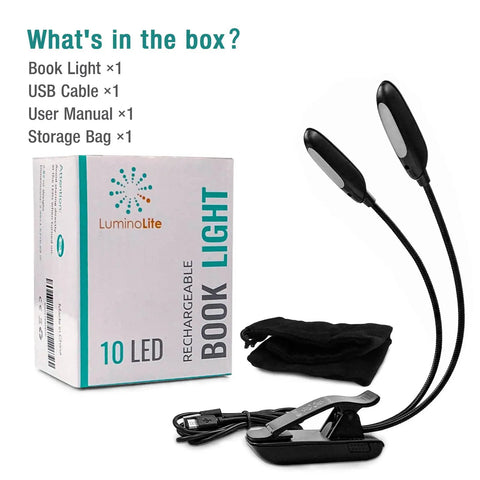 Dual Heads Rechargeable Clip On Book Light With 180 Degree Adjustable Arms With USB Cable, Manual, Storage Bag