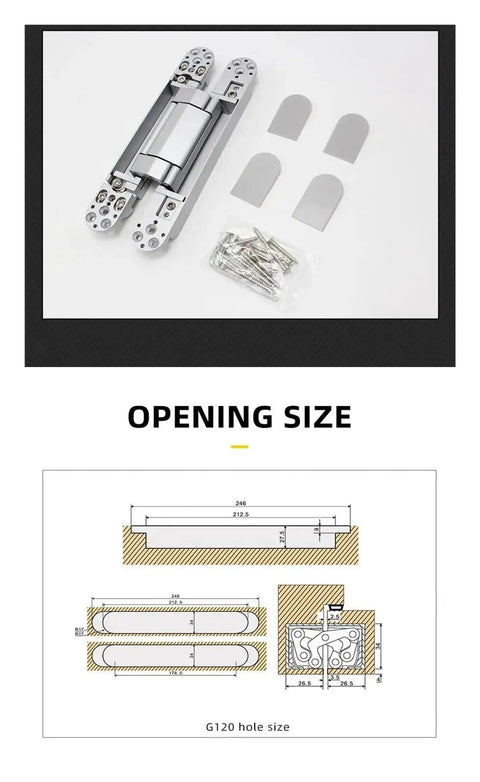 Hidden Hinge For Casement Gate And Wooden Door, Adjustable 180 Degree Opening with mounting screws and dimensions