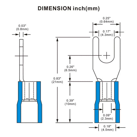 Diagram of Insulated Fork Spade Wire Connector Crimp Terminal For 14-16 AWG 1.5-2.5 Mm2 Blue Pro Grade Terminal Pack 100 Pieces.