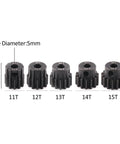 Beefy 5Pc Pinion Gear Set For 5mm Shaft RC Motors 11T 12T 13T 14T 15T Hardened Steel gears lined up in a row