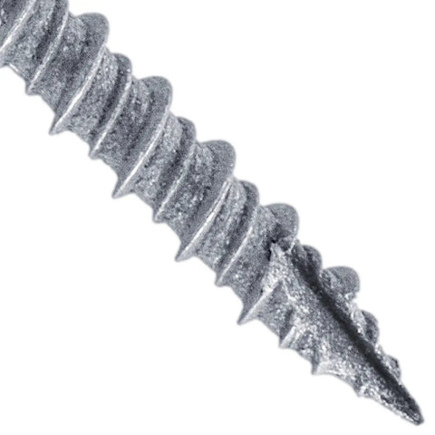 Close-up of threaded tip of 250 Count 10x2 Galvanized Hex Head Roofing Screws With EPDM Washer For Metal To Wood Siding Self Starting.
