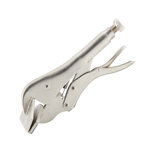 10 Inch Locking Sheet Metal Clamp With Adjustable Tension Heavy Duty Pro Grade Grip Tool With Two Flat Tips Quick Trigger Release Heat Treated Nickel Plated Welding Pliers For Precise Metal Work.