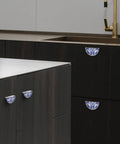 Dark kitchen cabinets with Ink Blue White Scroll Tile Cabinet Handles 2 Pack 3 Inch Hole Center Semicircle Drawer Pulls in Brushed Nickel
