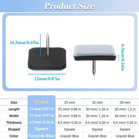 Product size chart for Heavy Duty Teflon Chair Sliders 22 Mm Square Nail On Furniture Glides PTFE Floor Savers