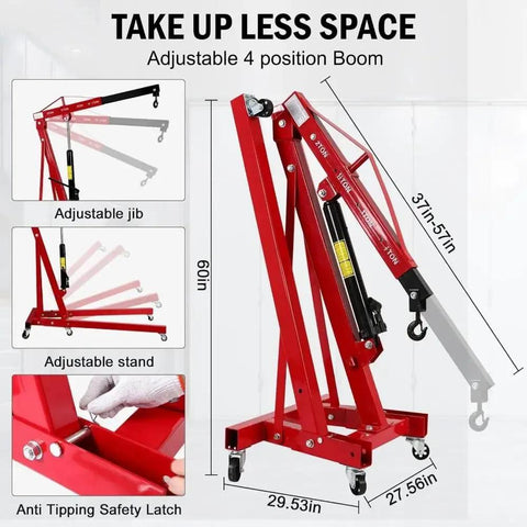 Heavy Duty Folding Hydraulic Engine Hoist Cherry Picker Shop Crane With 2 Ton Capacity Adjustable Boom demonstrating 4 position boom features.