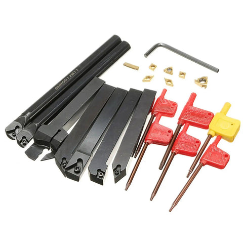 Hilitand Lathe Turning Tool Kit With 1/2 Inch Shank Carbide Inserts, seven piece set with black oxide finish tools and inserts.