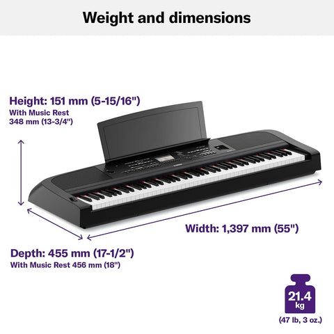 DGX-670B 88 Key Weighted Digital Piano With CFX Grand Piano Sound And Acoustic Touch Action dimensions and weight display