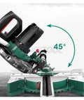 Rock Solid Sliding Miter Saw With Smooth Push Pull Glide And Laser Track on aluminum base angled at 45 degrees.