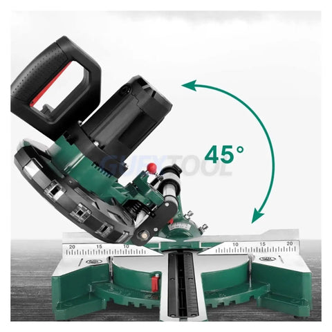 Rock Solid Sliding Miter Saw With Smooth Push Pull Glide And Laser Track on aluminum base angled at 45 degrees.