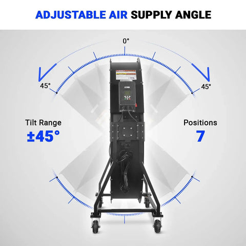 Adjustable air supply angle feature of Heavy Duty Fifty Nine Inch Portable Industrial Floor Fan With Variable Speed Settings And Quick Tilt Rig For Warehouse Workshop Or Gym To Blast Out Stale Air And Keep Your Crew Feeling Fresh.
