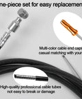 All In One Universal Bicycle Brake Cables And Housing Kit For Mountain And Road Bikes Includes End Caps Shifter And Derailleur Cables Beefed Up Durability Zinc Coated Inner Cables PVC Outer Housing Easy Install Repair Kit close-up showing cable ends and orange cap