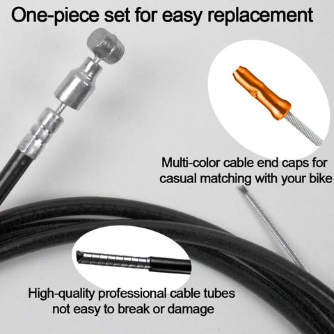 All In One Universal Bicycle Brake Cables And Housing Kit For Mountain And Road Bikes Includes End Caps Shifter And Derailleur Cables Beefed Up Durability Zinc Coated Inner Cables PVC Outer Housing Easy Install Repair Kit close-up showing cable ends and orange cap