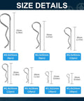 Premium Cotter Pin Set 120 Piece Assortment Kit With 7 Sizes R Shaped Heavy Duty Zinc Plated Carbon Steel Pins size chart