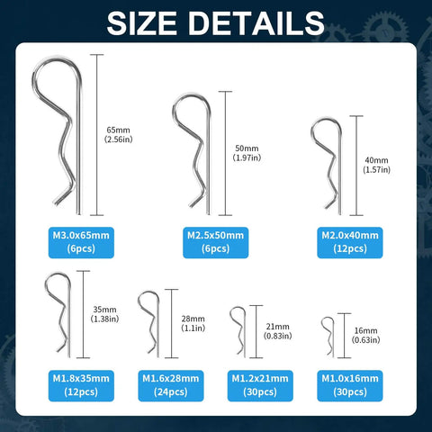 Premium Cotter Pin Set 120 Piece Assortment Kit With 7 Sizes R Shaped Heavy Duty Zinc Plated Carbon Steel Pins size chart