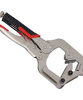 Heavy Duty Chrome Steel Welding Clamps With 360 Degree Rotation For Versatile Metalworking Pipe Joining and Wood Column Fixing Jobs Onsite, showing ergonomic non-slip handle.