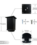 Adjustable Black Metal Desk Legs Set Of 4, 31.5 Inch Tall Square Office Table Legs, 2 Inch Diameter, Heavy Duty Steel With Mounting Plate And Screws, Leveling Screw Adjusts About 0.7 Inch, detailed measurement view