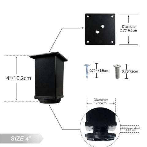 Adjustable Black Metal Desk Legs Set Of 4, 31.5 Inch Tall Square Office Table Legs, 2 Inch Diameter, Heavy Duty Steel With Mounting Plate And Screws, Leveling Screw Adjusts About 0.7 Inch, detailed measurement view