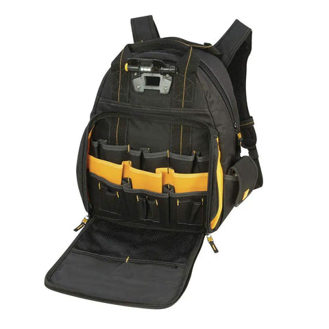LED Light Tool Backpack With 57 Pockets Black And Yellow Three Light Settings Up To 39 Lumens Heavy Duty Comfort Carry Durable Tool Organizer