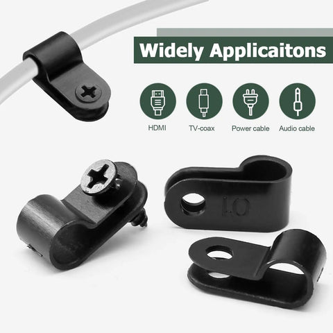 100 Pack 1/4 Inch R Type Cable Clamps Nylon P Type Wire Clips with Screws Included for Quick Mount, black clips and wire