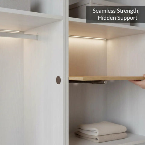 Slim Concealed Shelf Bracket 0.47 Inch Wide Cold Rolled Steel Support for wardrobe with hidden interior mount in use