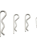 100Pcs R Type Cotter Pins Set In 4 Sizes M1x17mm M1.2x21mm M1.5x28mm M2x40mm 304 Stainless Steel Waterproof Rustproof Pro Grade All In One For Clevis Pins And Pivot Pins Ideal For Workshops Garages And DIY Projects, showing various sizes.