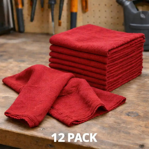 Extra Absorbent 13x17 Inches 12 Pack 100 Percent Cotton Shop Towels Reusable Cleaning Rags stacked on a workbench