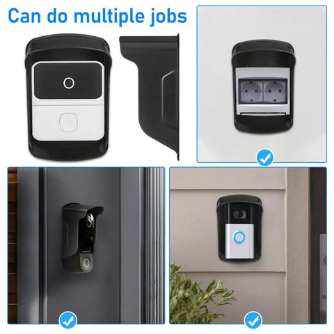 Collage showing Waterproof Doorbell Cover Rain Guard for multiple devices; weatherproof shell placed on doorbell and access control.
