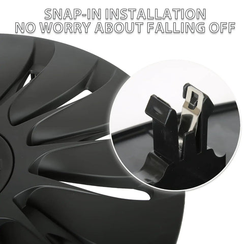 Close-up of Tesla Model Y Wheel Covers 19 Inch showing snap-in installation feature and heavy duty ABS material.