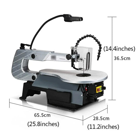Heavy Duty Desktop Curve Saw Cuts Wood And Steel Without Breaking A Sweat Corded Electric Jig Tool with dimensions and light.