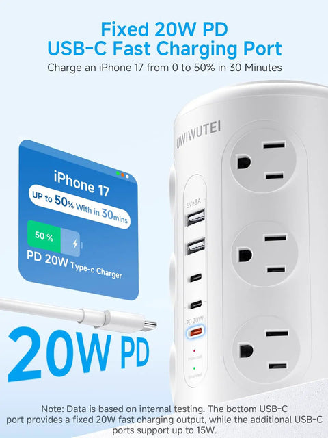 Tower Power Strip With 20W USB-C PD Fast Charging, 12 Outlets, 5 USB Ports Including 3 USB-C, 1800J Surge Protector