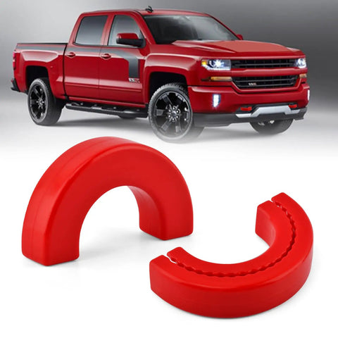 Tow Hook Cover For Silverado 1500 2007-2026 And GMC Sierra 1500 2007-2018, Red Premium Finish in front of a red Silverado