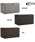 Three 134-Gallon Extra Large Outdoor Deck Boxes with Pad Lockable Lid in Dove Grey, Iron Ore, and Java colors.