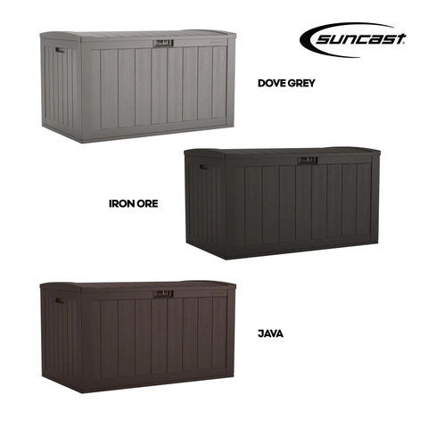Three 134-Gallon Extra Large Outdoor Deck Boxes with Pad Lockable Lid in Dove Grey, Iron Ore, and Java colors.