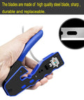 Hand holding blue Three In One RJ45 Crimp Tool Kit For Pass Through Connectors with focus on high-quality steel blades.