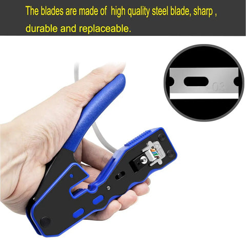 Hand holding blue Three In One RJ45 Crimp Tool Kit For Pass Through Connectors with focus on high-quality steel blades.