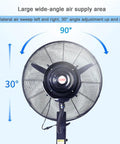 Heavy Duty Outdoor Misting Floor Fan With Adjustable Height And Rolling Wheels To Kick Some Serious Heat For Patios Backyards and Commercial Venues All Summer Long, showing 90° lateral air sweep and 30° angle adjustment.