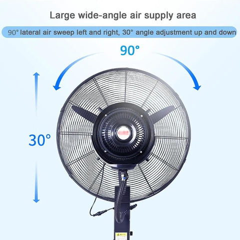 Heavy Duty Outdoor Misting Floor Fan With Adjustable Height And Rolling Wheels To Kick Some Serious Heat For Patios Backyards and Commercial Venues All Summer Long, showing 90° lateral air sweep and 30° angle adjustment.