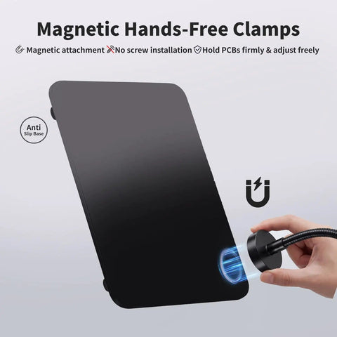 Magnetic Hands-Free Clamps for Versatile Soldering Station With 5X Magnifying Glass, ideal for assembly and PCB repair.