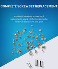 Top Shelf Complete Screw Replacement Kit For iPhone 14 Pro Max Featuring Heavy Duty Pentalobe And Logic Board Bolts In Multiple Finishes scattered screws in black, silver, and gold on a blue background.
