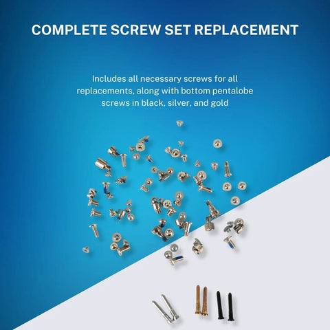 Top Shelf Complete Screw Replacement Kit For iPhone 14 Pro Max Featuring Heavy Duty Pentalobe And Logic Board Bolts In Multiple Finishes scattered screws in black, silver, and gold on a blue background.