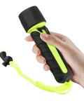 Hand holding Diving Flashlight Waterproof 8000LM LED Scuba Underwater Torch Light Lamp 50M Range with durable anodized aluminum body