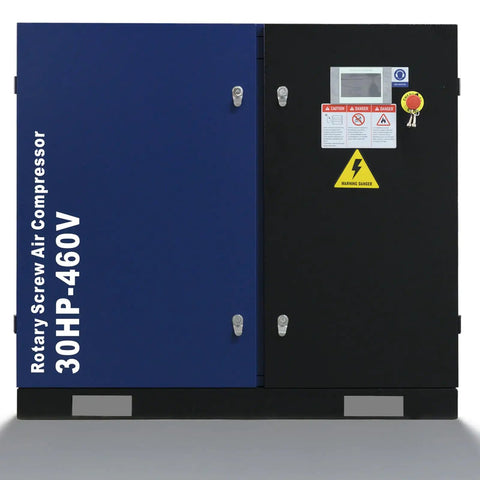 Beefy 30HP Rotary Screw Air Compressor Delivers 123 CFM at 125 PSI 460 Volts Three Phase Fixed Speed Industrial Grade Unit for Continuous Duty Manufacturing and Heavy Load Air Demands, front view