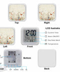 Solid Butterfly Floral Digital Alarm Clock With Silent Sleep Mode And Chill Nightlight displaying time, date, and temperature from all angles.