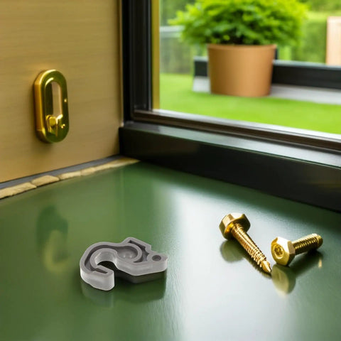 Sleek Plastic Fridge Door Stopper With Reliable Catch Hook For Modern Kitchens, clear plastic latch and screws on a table.