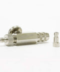 MAC Valve With Quick Connect Coupler And Plug for universal airbrush control, chrome finish, durable metal body, side view
