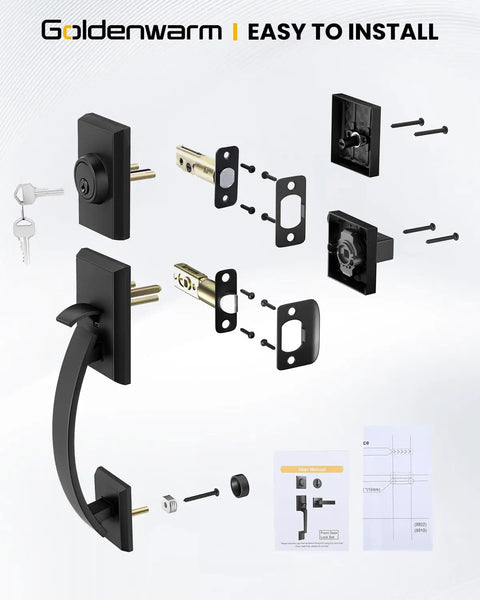 Exploded view of Matte Black Double Front Door Lock Set With Reversible Lever Handle And Dummy Door Handle components