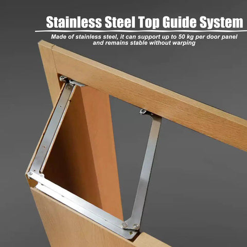 180 Degree Folding Hinge For Wooden Doors Flush Wall Mount Space Saving Hardware showing stainless steel top guide system.