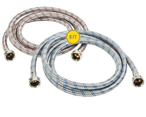 Eight Foot Braided Stainless Steel Washing Machine Hoses, Burst Proof Up To 1500 Psi, Two Pack, Color Coded Hot And Cold Lines