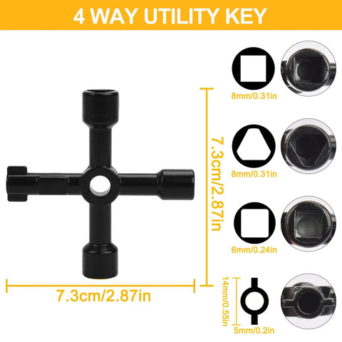 Water Meter Key 17 Inch With 4 Way Steel T Handle Shut Off Tool For Curb Main And Underground Mains Easy Access Durable Meter Shutoff Kit For Homeowners And Pros Heavy Duty Construction, black steel 4-way utility key, 7.3cm wide